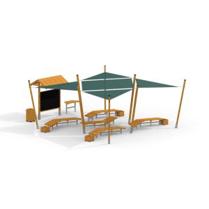 Outdoor Classroom (w/ Wooden Benches, Sunshades, Blackboard & Plant Pots)